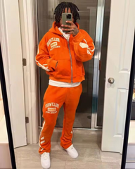 Custom heavyweight fleece vintage sun faded embroidery patch men hoodies set