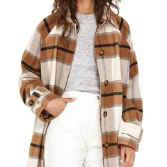 Classic Wool Blend Brown Checked Single Breasted Coat Women Winter Casual Long Coat