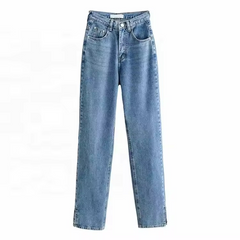 In Stock Custom Washed Denim High Waist Women Fashion Split Hem Jeans