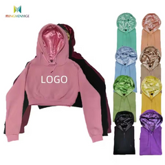 Women Wholesale Custom Logo Cropped Oversized Luxury Fashionable Satin Silk Hood Satin Lined Crop Top Hoodie With