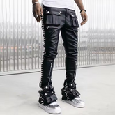 Custom Logo Soft Black Leather Cargo Pants Casual Slim Fit Motorcycle Men Leather Pants With Pocket