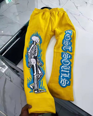 Streetwear Mens Trousers Casual Solid Jogger Sweatpants Custom Skeleton 3D Puff Print Fleece Stacked Flared Pants For Men