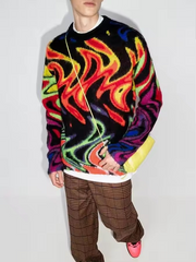 2022 Custom LOGO OEM & ODM Mohair Sweater Men Jacquard Knitwear Long Sleeve Knitted Winter Fuzzy Knit Crewneck Sweater For Men