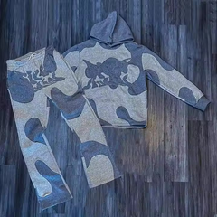 Men Patchwork Heavy Weight Patch Jogger Distressed Acid Wash Applique Embroidery Flared Sweatpants And Hoodie Sets Puff Print