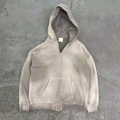 Custom High Quality Streetwear Hoodie Fleece Blank Zip Up Vintage Double Layer Acid Wash Sun Faded Distressed Pockets Hoodies