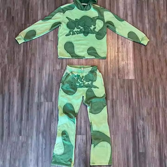 Men Patchwork Heavy Weight Patch Jogger Distressed Acid Wash Applique Embroidery Flared Sweatpants And Hoodie Sets Puff Print