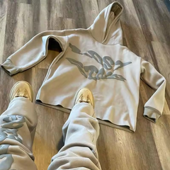 Flared Tracksuit Men Streetwear Graphic 3D Puff Print Stacked Sweatsuit Raw Hem Cut Edge Flared Mens Two Pieces Jogger Sets