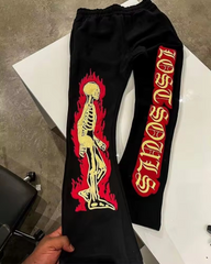 Streetwear Mens Trousers Casual Solid Jogger Sweatpants Custom Skeleton 3D Puff Print Fleece Stacked Flared Pants For Men