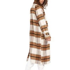 Classic Wool Blend Brown Checked Single Breasted Coat Women Winter Casual Long Coat