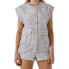 Fashion tweed button up ladies jacket coats elegant fabric customized women clothes vest jackets