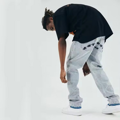 High Quality USA Fashion Streetstyle Skinny Denim Distress Destroy Vintage Wash Ripped Custom Screen Printed Men's Pants Jeans