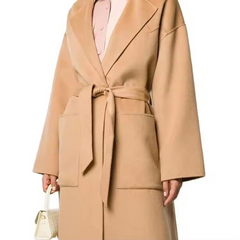 Elegant women winter notched lapels belted waist back vent oversized wool robe coat