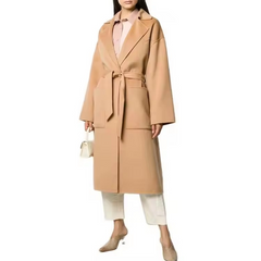 Elegant women winter notched lapels belted waist back vent oversized wool robe coat
