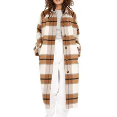 Classic Wool Blend Brown Checked Single Breasted Coat Women Winter Casual Long Coat