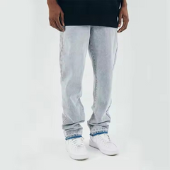 High Quality USA Fashion Streetstyle Skinny Denim Distress Destroy Vintage Wash Ripped Custom Screen Printed Men's Pants Jeans