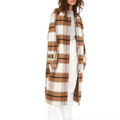 Classic Wool Blend Brown Checked Single Breasted Coat Women Winter Casual Long Coat