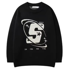Custom make OEM & ODM men sweaters jacquard cartoon pullover knitwear black crew neck cotton fashion style long knit sweater