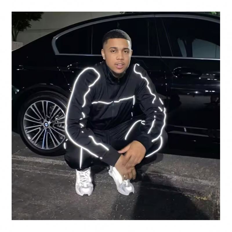 2023 Couple Streetwear Two Piece Pants Tracksuit Set Sew Custom Logo Reflective Mens Tracksuit