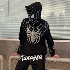 High quality heavyweight full zip up hoodie custom embroidery logo y2k men french terry spider hoodie oversize sweatshirt unisex