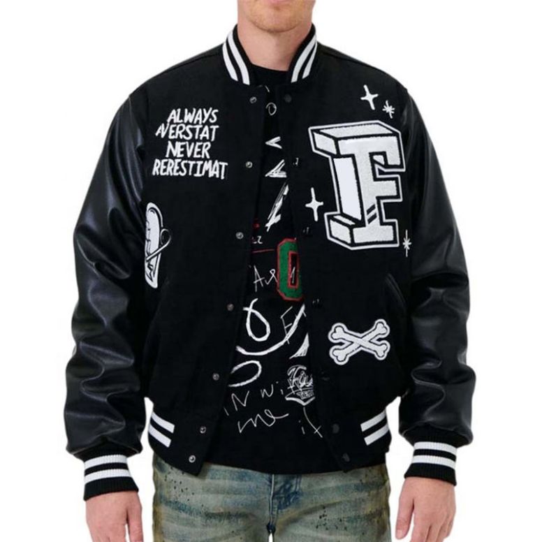 OEM custom high quality chenille embroidery leather sleeves baseball bomber letterman varsity jacket for men