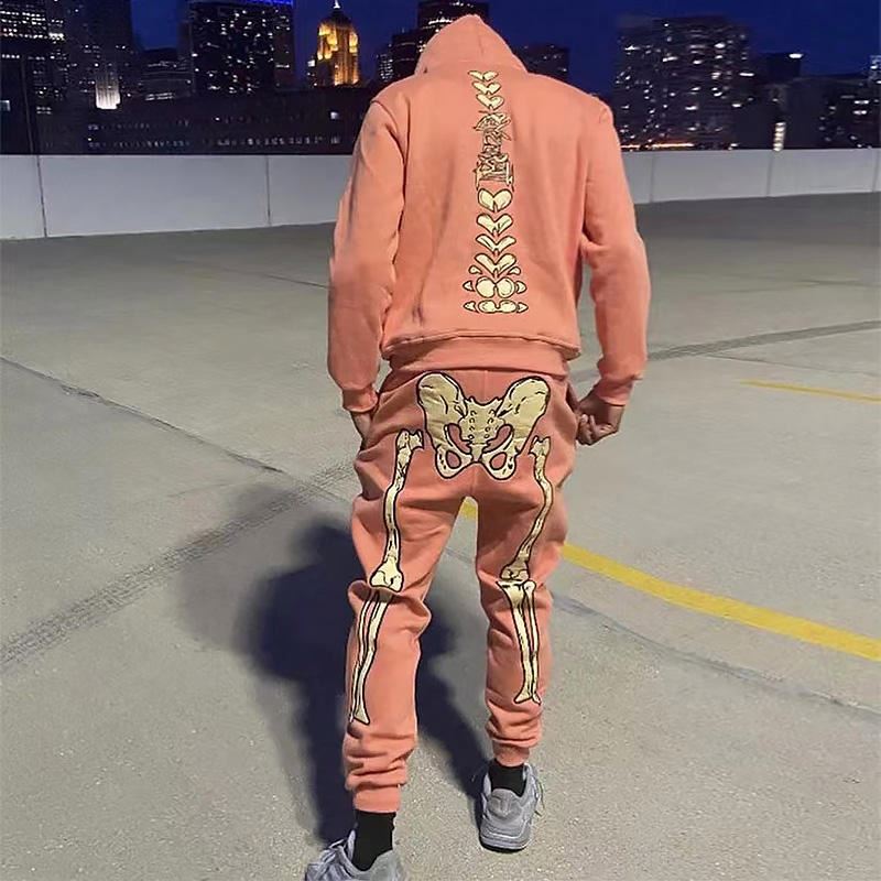 Streetwear Custom Embroidered Puff Print Skull Skeleton Pattern Sweatsuit 2 Piece Full Face Zip Up Hoodie And Sweatpants Set