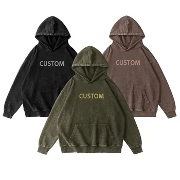 500gsm Custom Print Logo Heavy weight Bulk Oversized French Terry 100% Cotton Vintage Acid Wash Blank Hoodie Sweatshirt