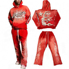 Acid Washed Sweat Suits Custom 100% Cotton Terry Oversized Tracksuit Men Flare Stacked Sweatpants And Hoodie Set