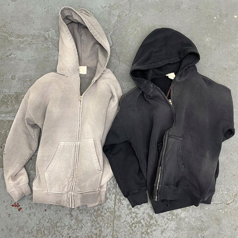 Custom Acid Washed Zip up Hoodies Vintage Streetwear Casual Men's Sweatshirts Hoodie