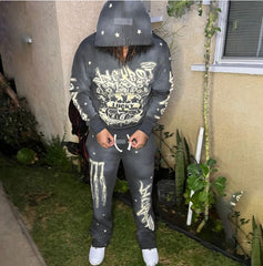 Custom Oversize French Terry Screen Print Vintage Flare Pants And Hoodie 2 Piece Set Sweatsuit Acid Washed Tracksuit Men