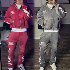 Streetwear Acid Washed Sweat Suits Zipper Hoodies Tracksuit Set Acid Wash Distress Patch Flared Sweatpants And Hoodie Set