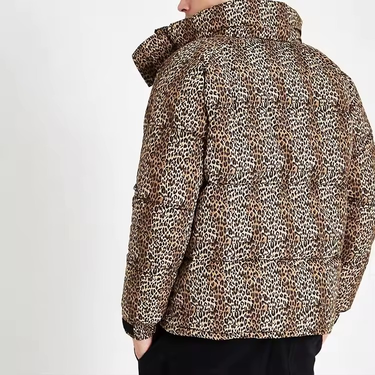 OEM High quality wholesale mens winter down jackets leopard print funnel neck puffer jackets