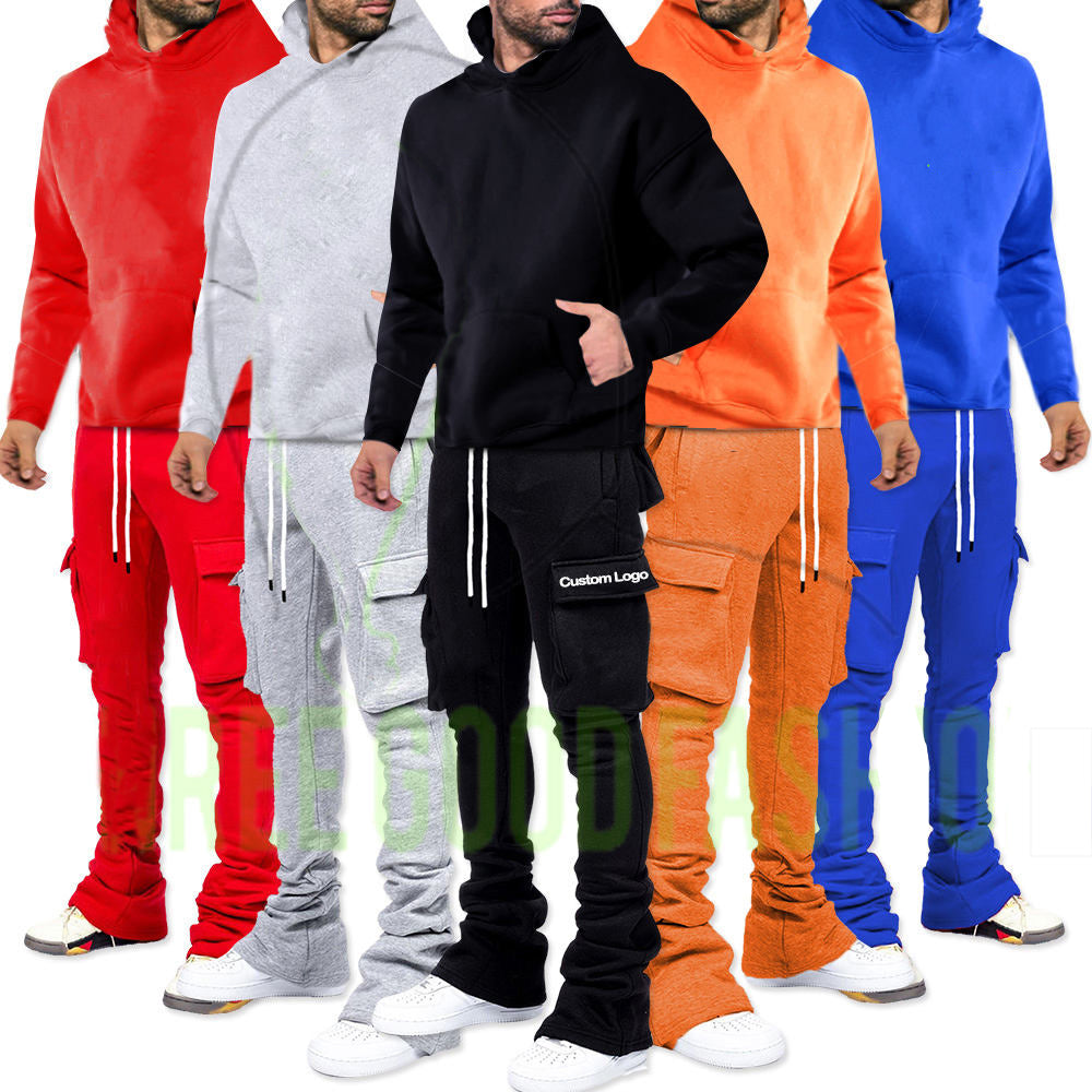 Custom Logo Mens Streetwear Clothing Jogging Stacked Pants Zip Hoodie 2 pcs Set Tracksuits Jogging Suits For Men