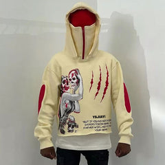 Custom oversized men hoodies graphic print french terry 100 cotton heavy cotton raw hem hoodie with masked