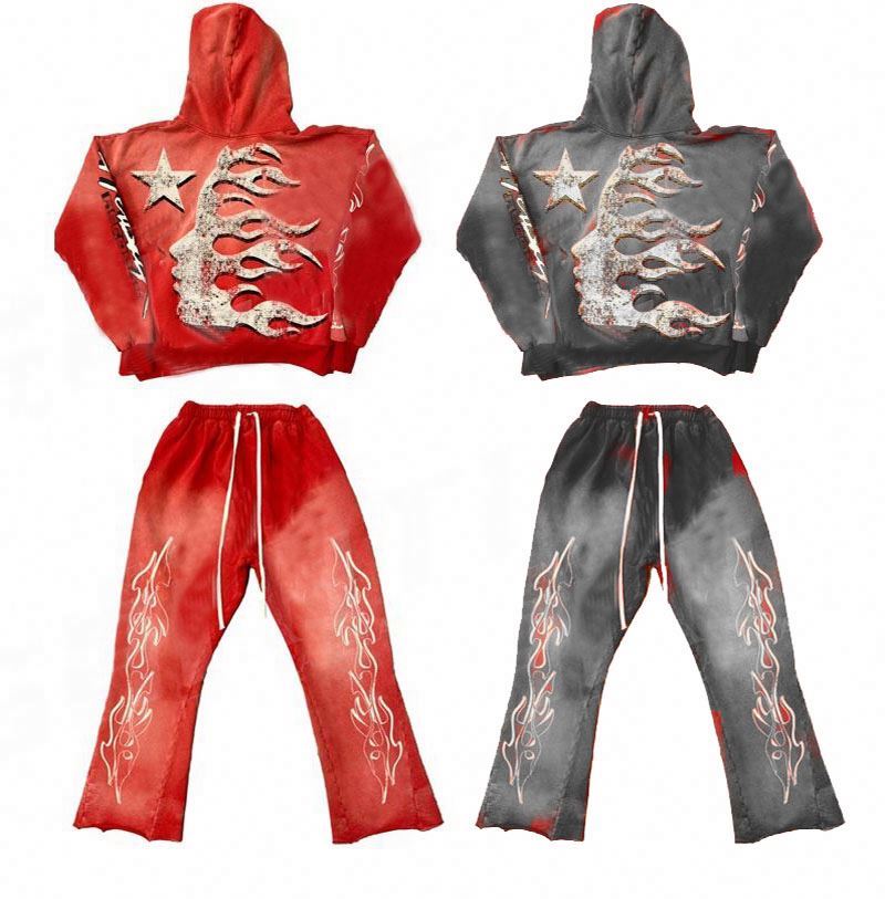 Acid Washed Sweat Suits Custom 100% Cotton Terry Oversized Tracksuit Men Flare Stacked Sweatpants And Hoodie Set