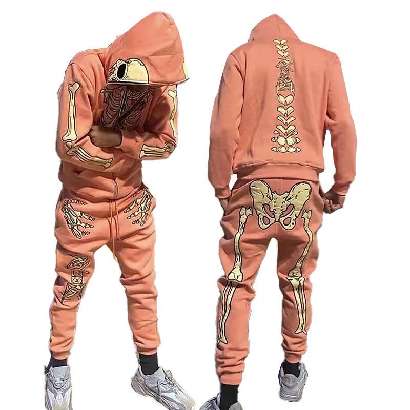 Streetwear Custom Embroidered Puff Print Skull Skeleton Pattern Sweatsuit 2 Piece Full Face Zip Up Hoodie And Sweatpants Set