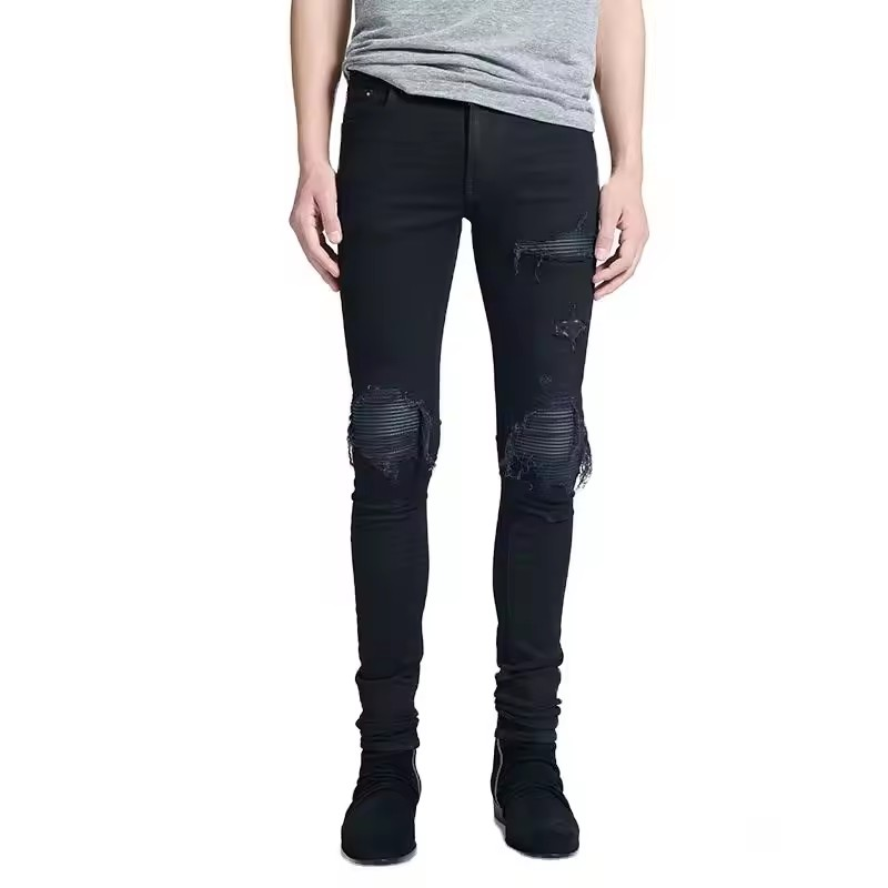 Black classic ribbed damaged rips men stretch skinny denim jeans