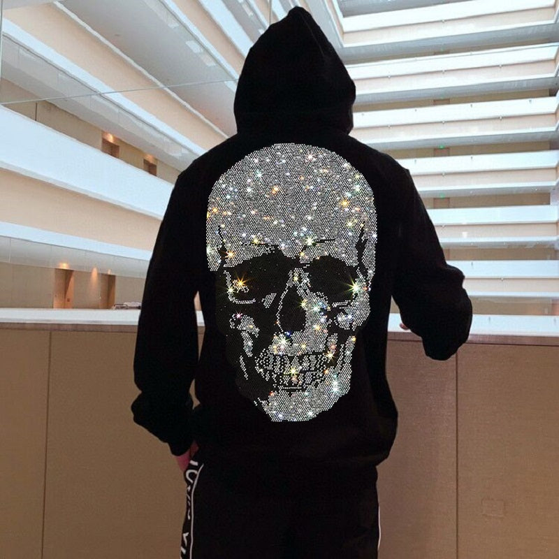 Rhine Stone Crystal Non Strings Drawstring Hotfix Hot Fix bling Diamond Transfer Men's Custom Rhinestone Hoodie