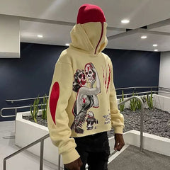 Custom oversized men hoodies graphic print french terry 100 cotton heavy cotton raw hem hoodie with masked