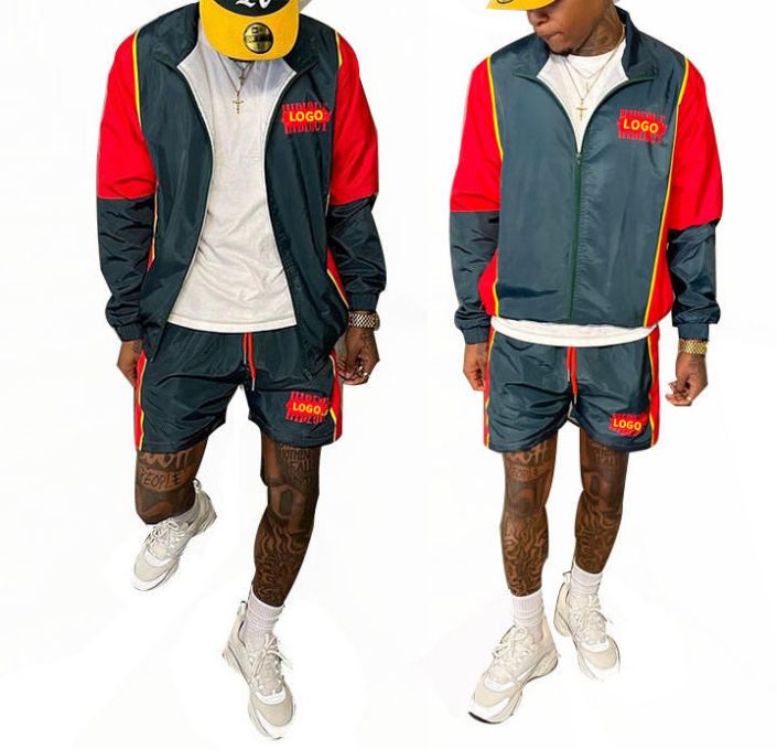 Custom two piece windbreaker short jacket se patchwork zip up nylon polyester streetwear tracksuit windbreaker short set