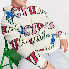 custom logo men teddy borg all over all-over print white oversized cashmere sherpa fleece hoodie