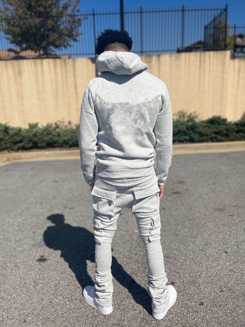 New Design Street Wear  Embroidery Stacked Custom Cargo Pants and Hoodie Men Sets Flare Joggers Suits