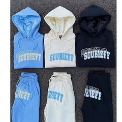 Custom chenille towel embroidery print tracksuit two piece jogging suit satin lined unisex hoodie and jogger sweatpants set men