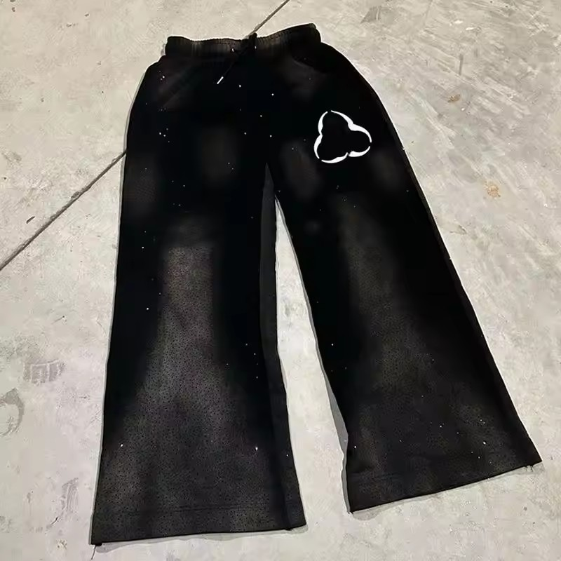 Manufacturer Oversized Acid Washed Sweatpants Rhinestone Pants Jogger Cut And Sew Flared Sweat Pants Men