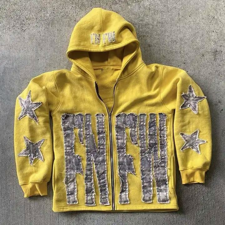 Wholesale Manufacturer french terry 500 Gsm Heavyweight Thick Cropped Zipper Vintage Embroidery Patch Acid Wash Zip Up Hoodies