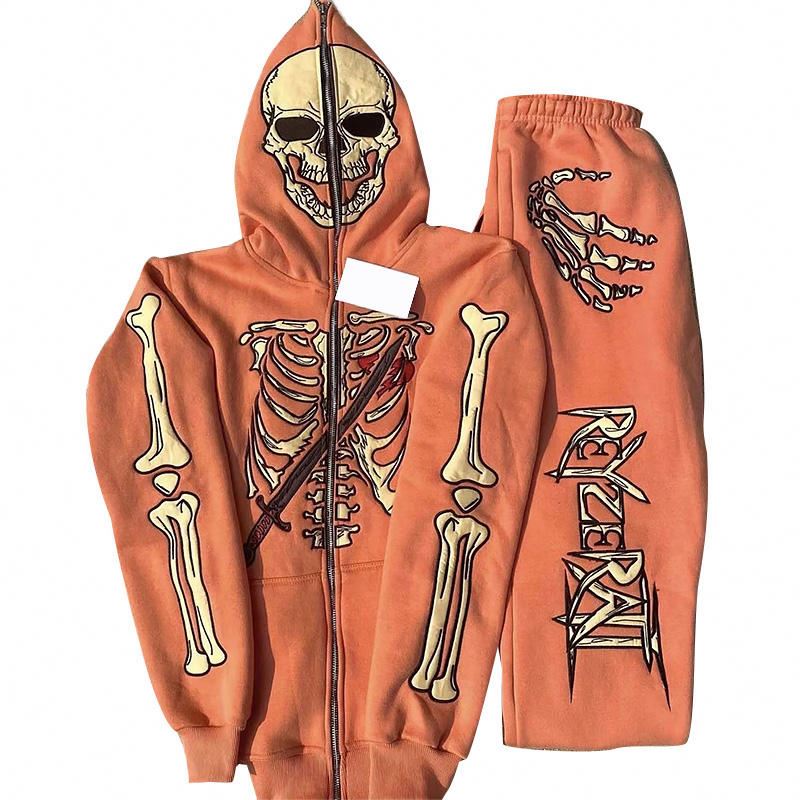 Streetwear Custom Embroidered Puff Print Skull Skeleton Pattern Sweatsuit 2 Piece Full Face Zip Up Hoodie And Sweatpants Set