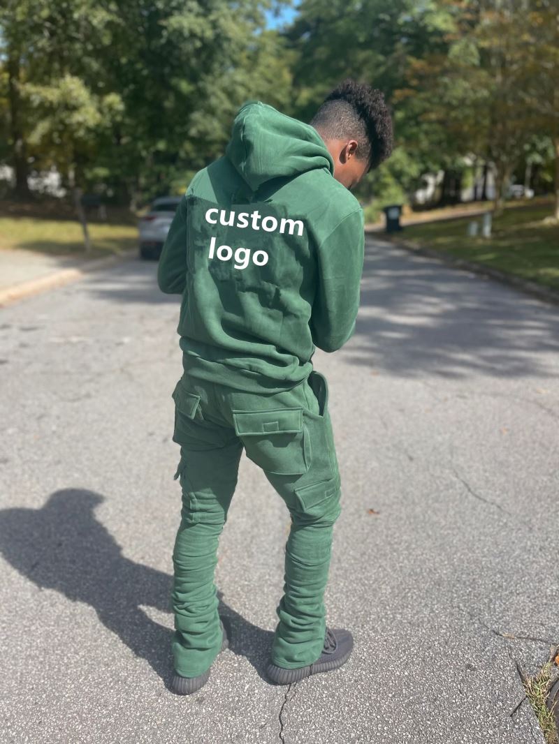 New Design Street Wear  Embroidery Stacked Custom Cargo Pants and Hoodie Men Sets Flare Joggers Suits