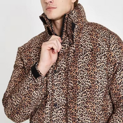 OEM High quality wholesale mens winter down jackets leopard print funnel neck puffer jackets