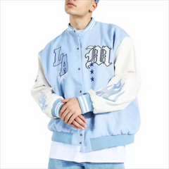 High Quality OEM custom chenille embroidery logo leather sleeves light blue baseball bomber letterman varsity jacket for men