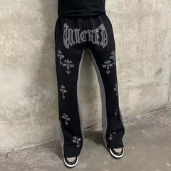 Custom Logo fleece joggers sweatpants 100% cotton rhinestone french terry baggy stacked flare sweat pants men