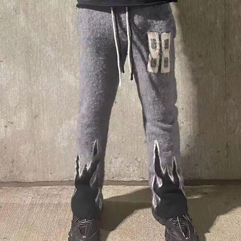 Wholesale Custom Letter Graphic Print Mohair Sweatpants Fuzzy Brushed Mohair Outdoor Flare Stacked Pants For Men